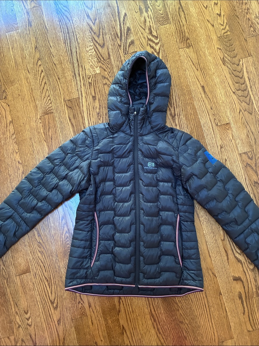Women's Black Hooded Quilted Puffer Jacket with Pink Trim